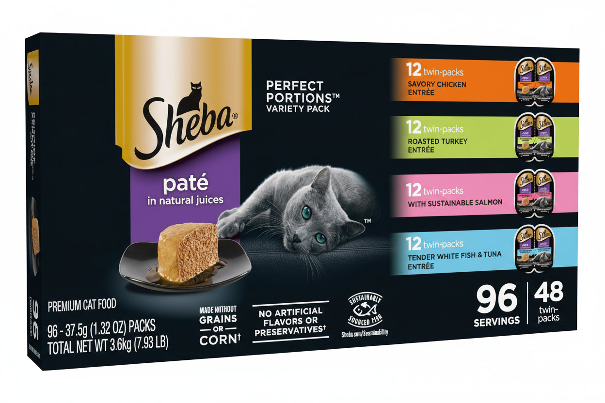 Sheba Perfect Portions Wet Cat Food Pate with Sustainable Salmon and Tender Whitefish & Tuna Entree Variety Pack, 2.6 oz. Twin-Pack Trays (12 Count, 24 Servings) (Pack of 2)