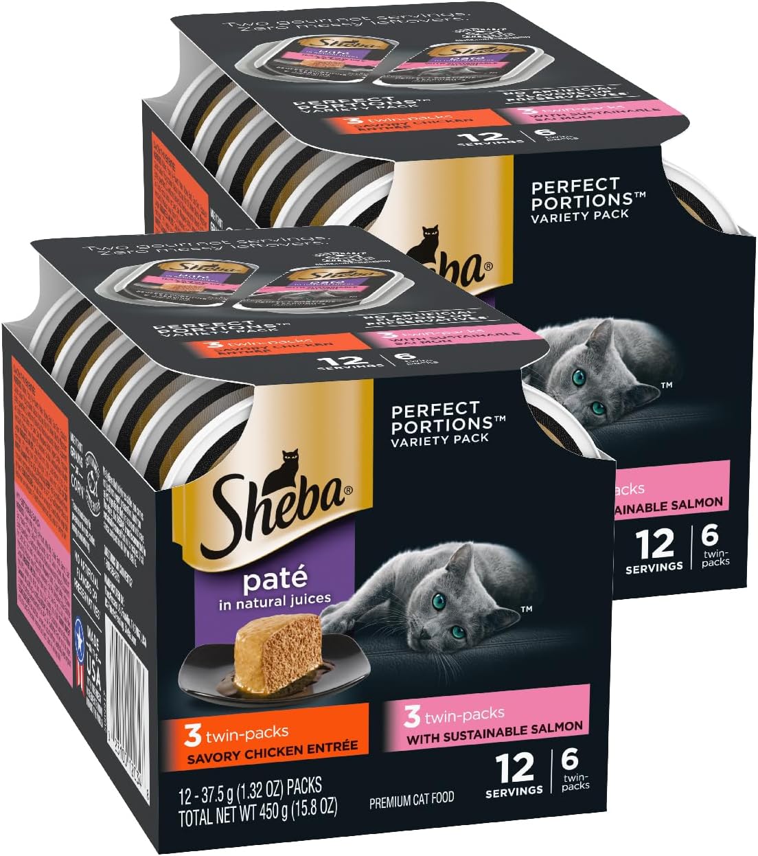 Sheba Perfect Portions Wet Cat Food Pate with Sustainable Salmon and Tender Whitefish & Tuna Entree Variety Pack, 2.6 oz. Twin-Pack Trays (12 Count, 24 Servings) (Pack of 2)