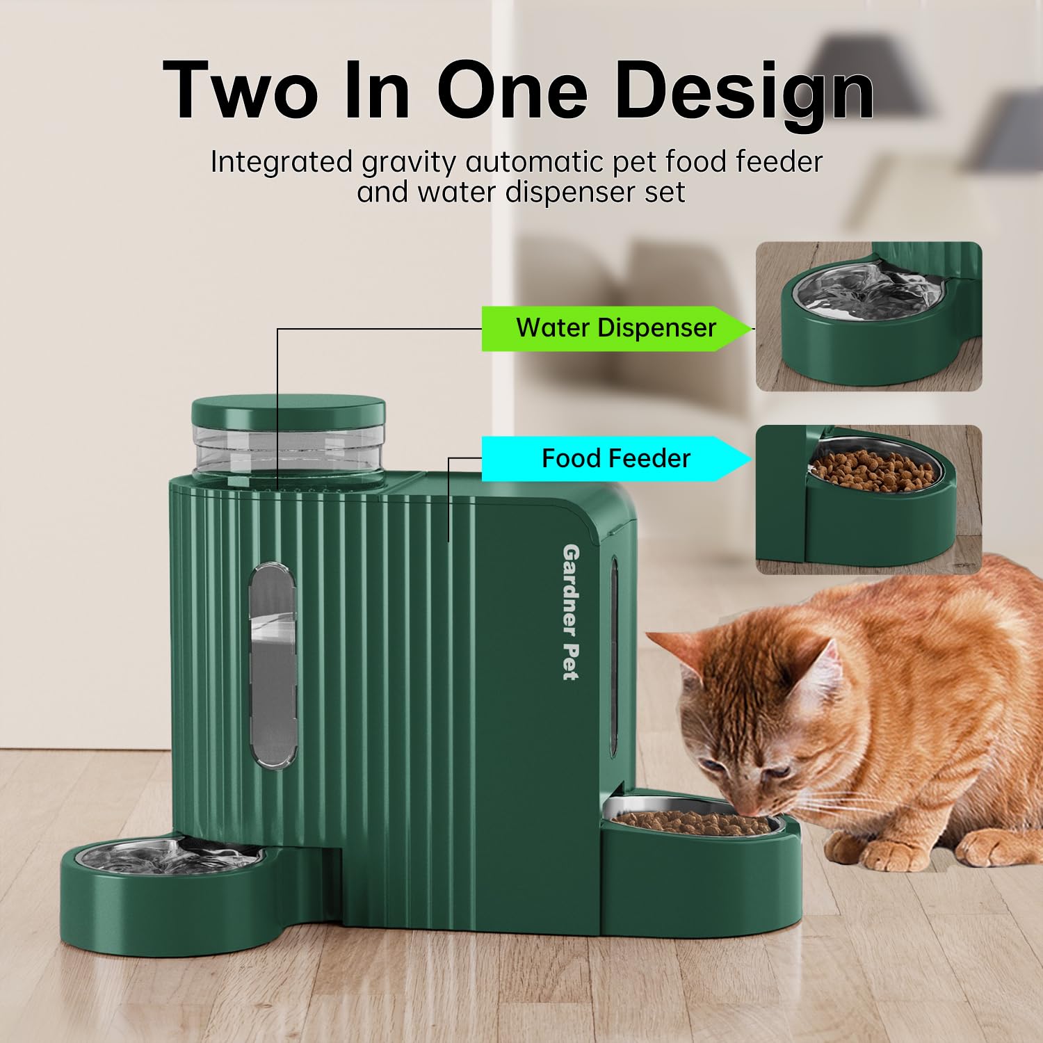 Gardner Pet Automatic Gravity Cat Food Feeder and Water Dispenser Stainless Steel Two-in-One Set Large Capacity Dispenser for Pets Dogs, Puppies, Kittens-(0.8 Gallons x 2)