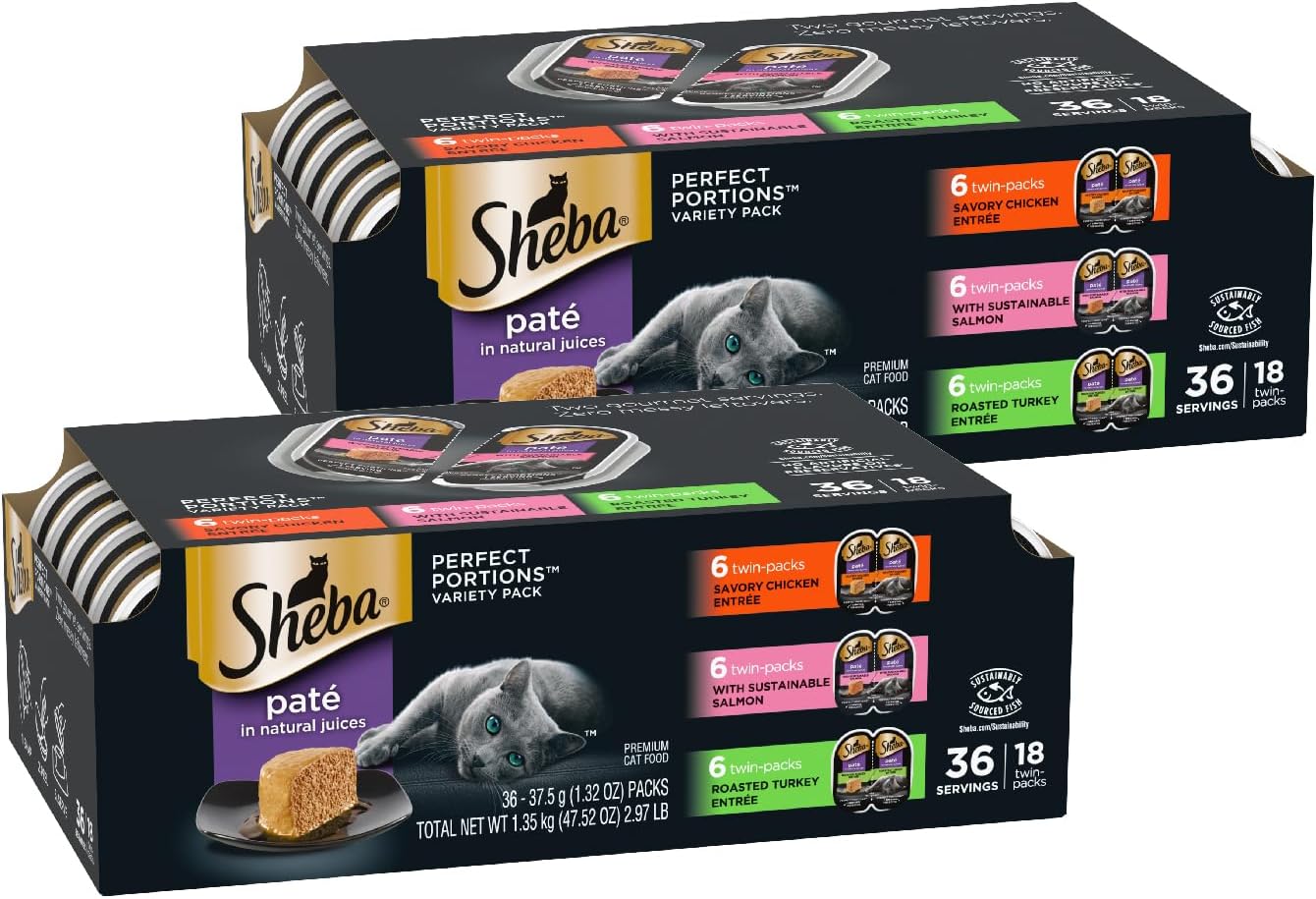 Sheba Perfect Portions Wet Cat Food Pate with Sustainable Salmon and Tender Whitefish & Tuna Entree Variety Pack, 2.6 oz. Twin-Pack Trays (12 Count, 24 Servings) (Pack of 2)