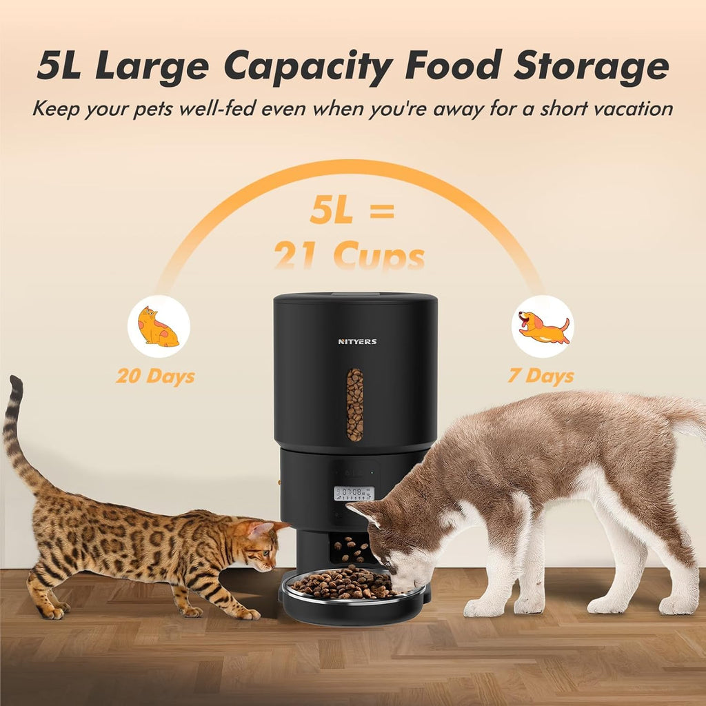 Automatic Cat Feeder with Camera - 5G WiFi Timed Cat Food Dispenser, 1080P HD Video with Night Vision, 1-15 Meals, 1-99 Portions, 2-Way Audio, Keeps Dry Food Fresh, 5L Auto Pet Feeder Also for Dogs
