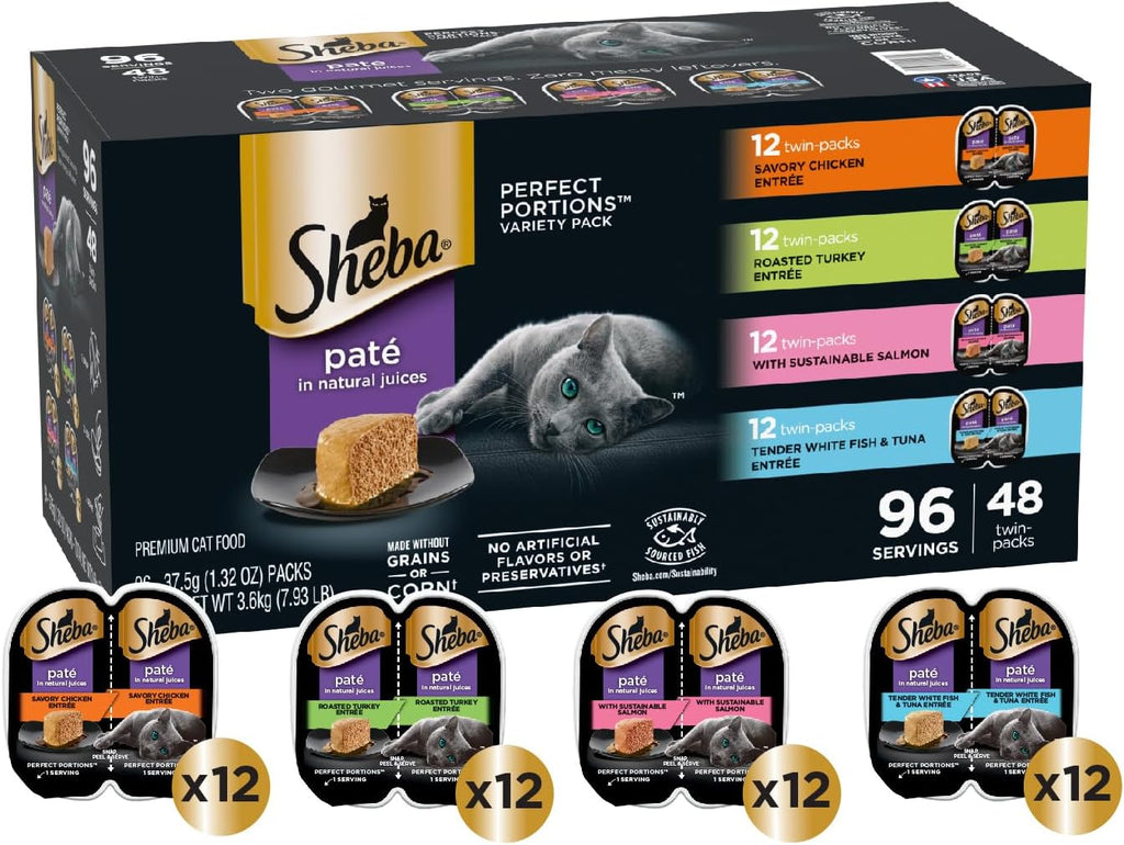 Sheba Perfect Portions Wet Cat Food Pate with Sustainable Salmon and Tender Whitefish & Tuna Entree Variety Pack, 2.6 oz. Twin-Pack Trays (12 Count, 24 Servings) (Pack of 2)