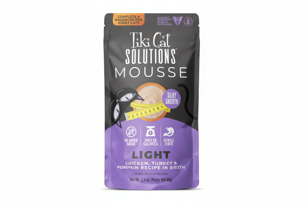 Tiki Cat Solutions Light Mousse, Chicken, Turkey & Pumpkin, Formulated to Support Healthy Trim and Fit, Functional Wet Cat for Adult Cats, 2.4 oz. Pouch (12 Count)