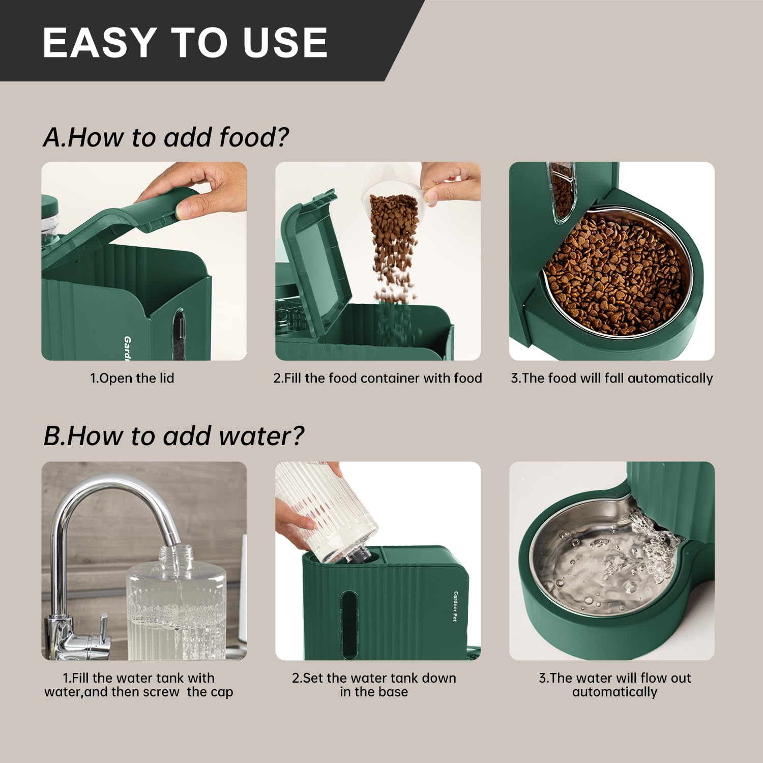 Gardner Pet Automatic Gravity Cat Food Feeder and Water Dispenser Stainless Steel Two-in-One Set Large Capacity Dispenser for Pets Dogs, Puppies, Kittens-(0.8 Gallons x 2)