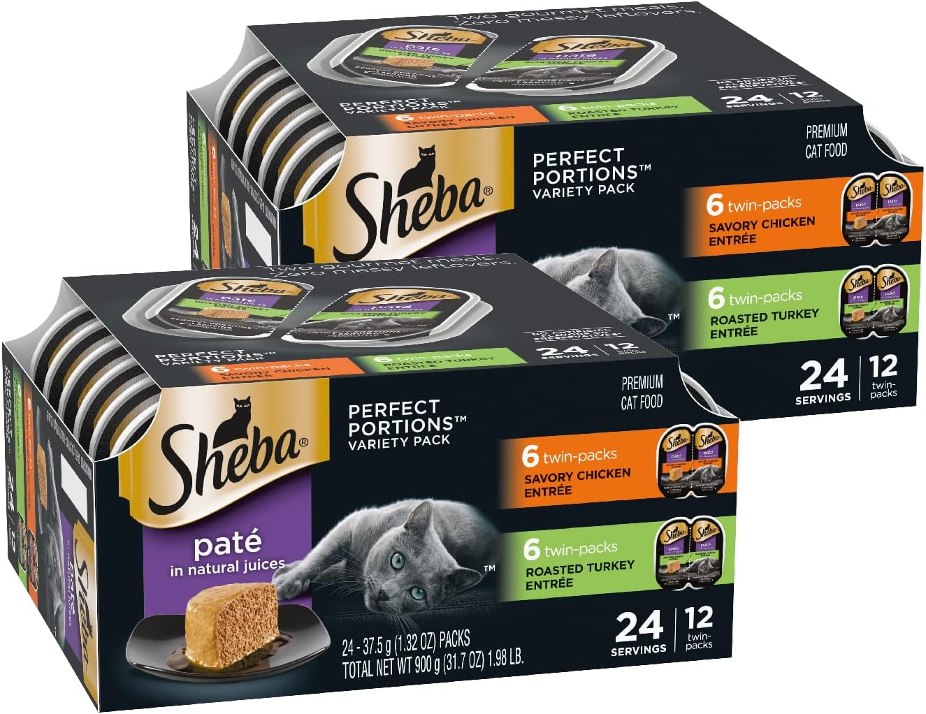 Sheba Perfect Portions Wet Cat Food Pate with Sustainable Salmon and Tender Whitefish & Tuna Entree Variety Pack, 2.6 oz. Twin-Pack Trays (12 Count, 24 Servings) (Pack of 2)