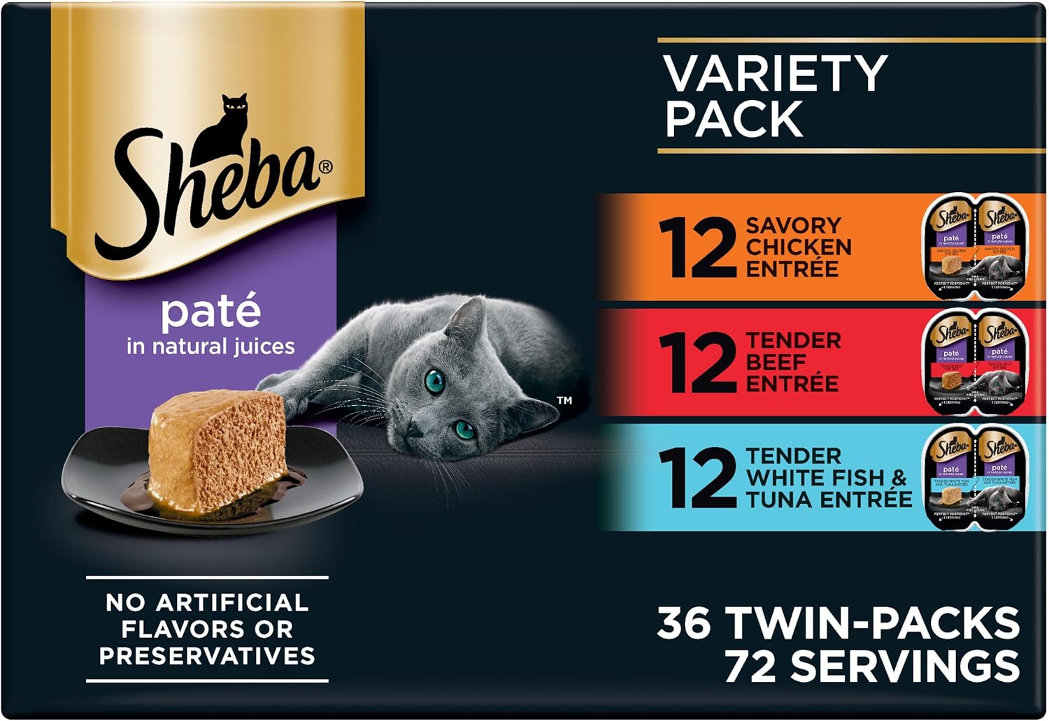 Sheba Perfect Portions Wet Cat Food Pate with Sustainable Salmon and Tender Whitefish & Tuna Entree Variety Pack, 2.6 oz. Twin-Pack Trays (12 Count, 24 Servings) (Pack of 2)