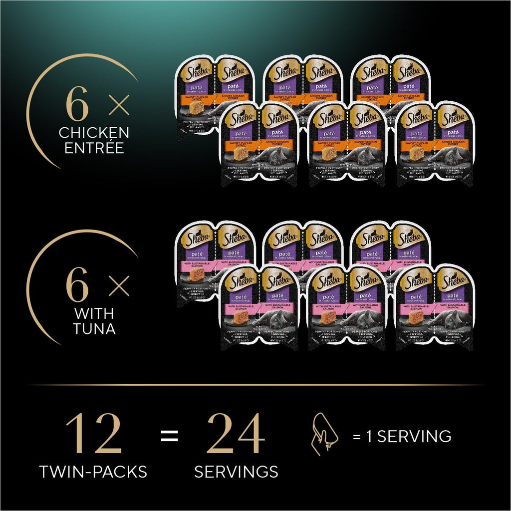 Sheba Perfect Portions Wet Cat Food Pate with Sustainable Salmon and Tender Whitefish & Tuna Entree Variety Pack, 2.6 oz. Twin-Pack Trays (12 Count, 24 Servings) (Pack of 2)