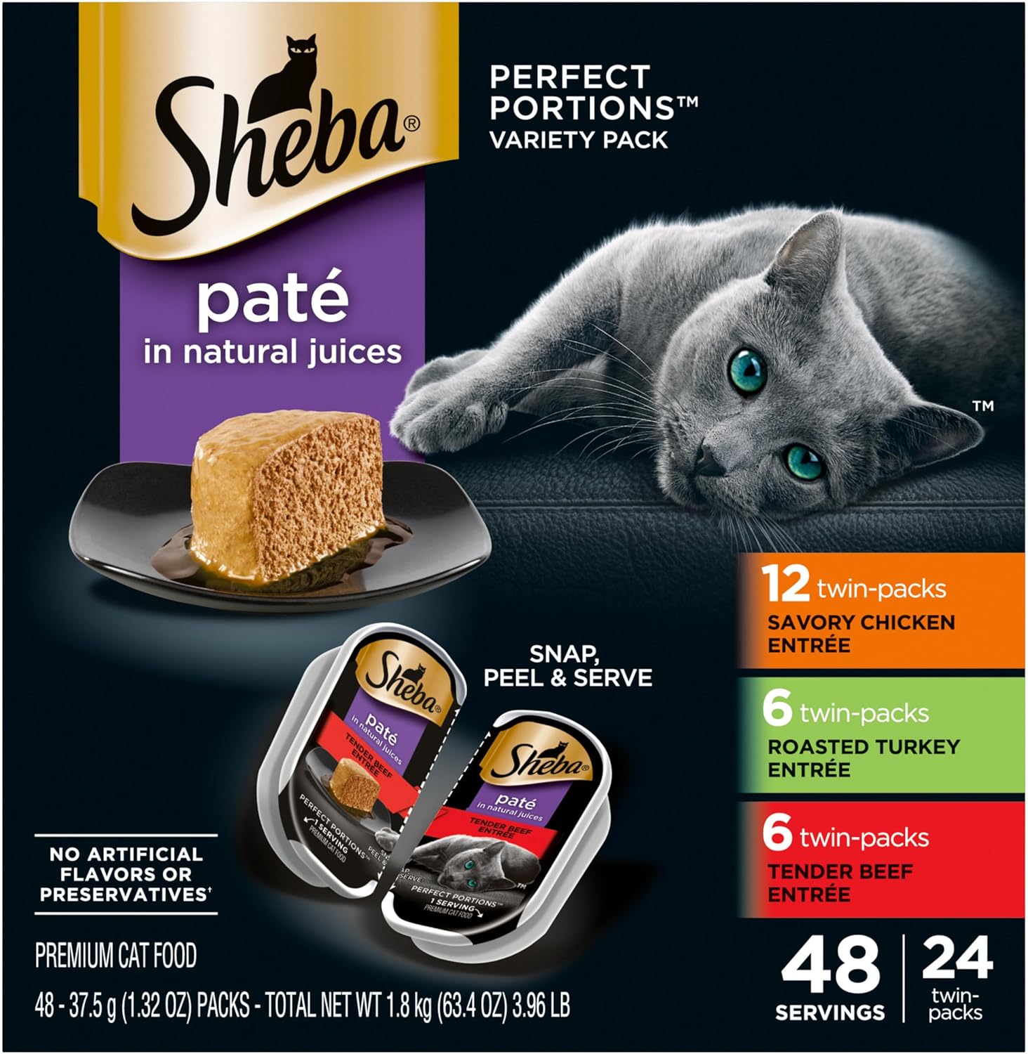 Sheba Perfect Portions Wet Cat Food Pate with Sustainable Salmon and Tender Whitefish & Tuna Entree Variety Pack, 2.6 oz. Twin-Pack Trays (12 Count, 24 Servings) (Pack of 2)