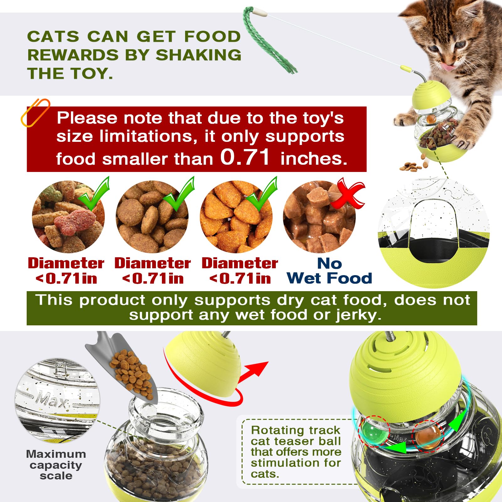 Cat Toy for Indoor Cats Wobble Treat Dispenser Ball Kitten Food Dispenser & Puzzle Feeder Balls & Enrichment Toys & Mental Stimulation Interactive Brain Game