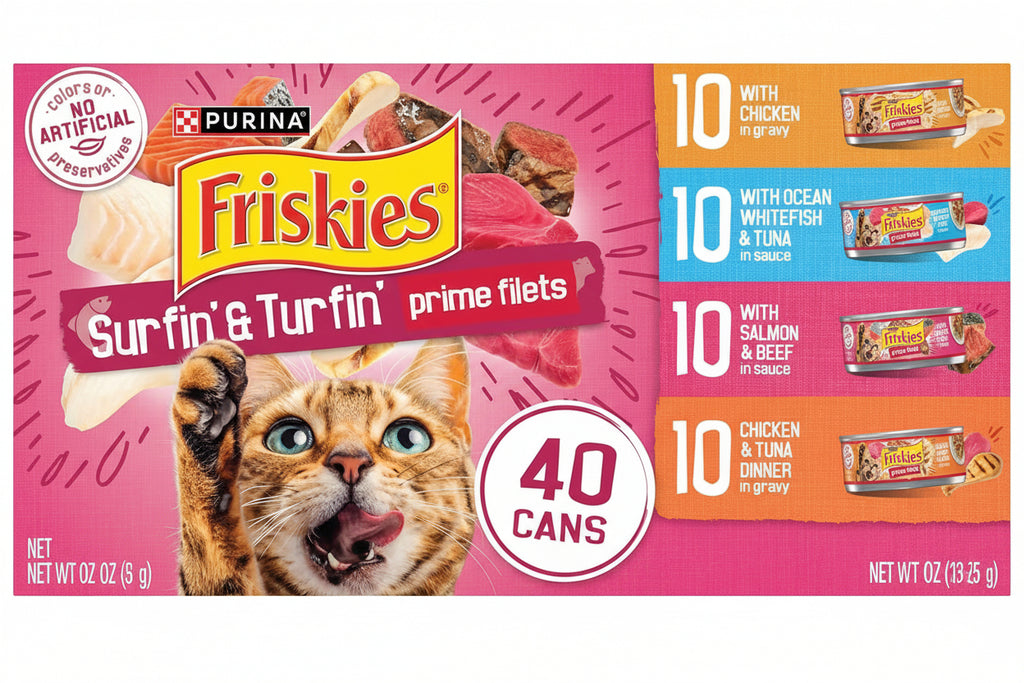 Purina Friskies Gravy Wet Cat Food Variety Pack, Surfin’ and Turfin’ Prime Filets Favorites - (Pack of 40) 5.5 oz. Cans