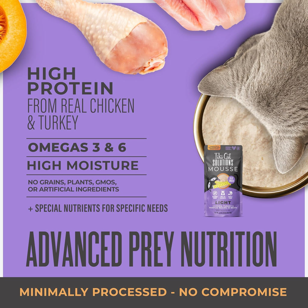Tiki Cat Solutions Light Mousse, Chicken, Turkey & Pumpkin, Formulated to Support Healthy Trim and Fit, Functional Wet Cat for Adult Cats, 2.4 oz. Pouch (12 Count)