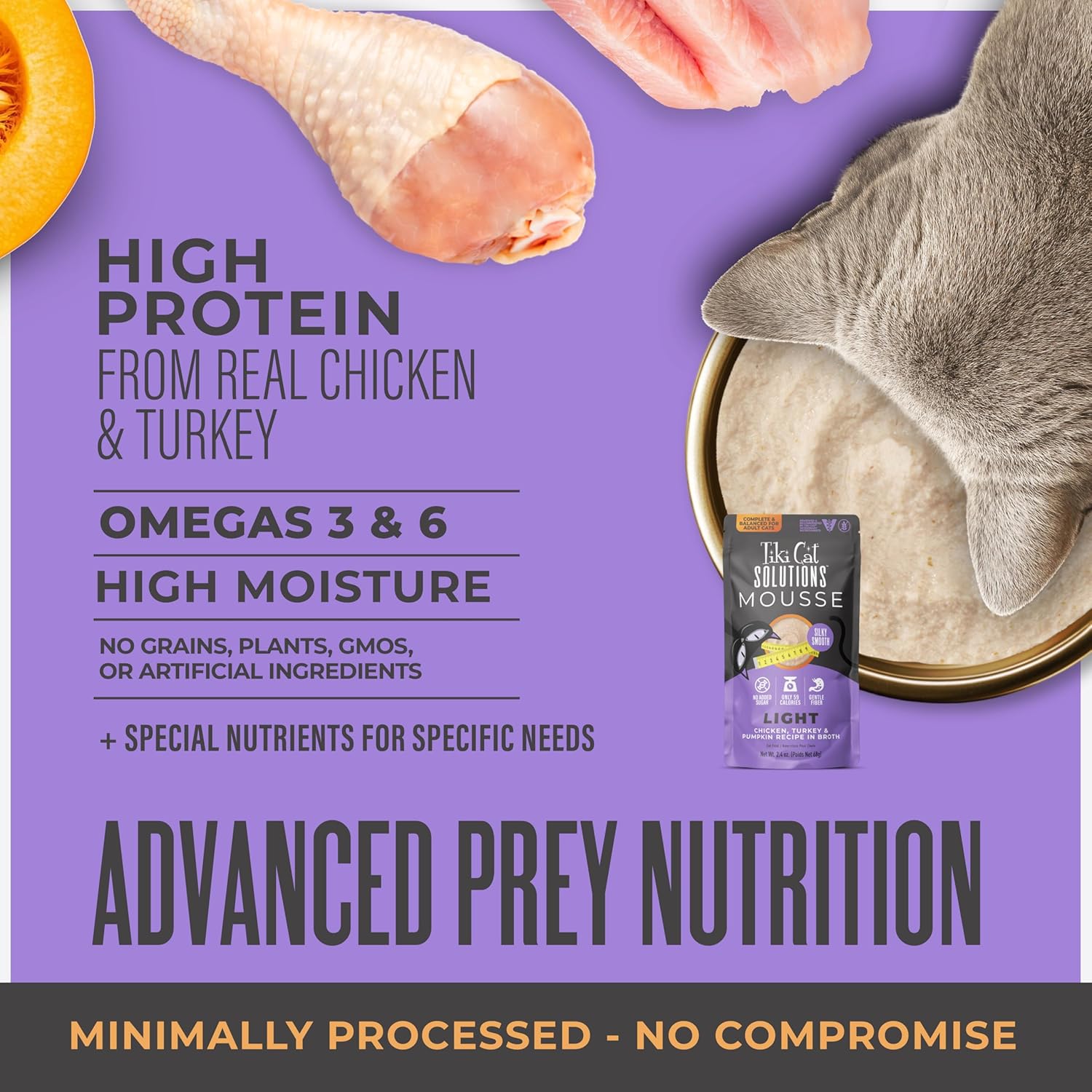 Tiki Cat Solutions Light Mousse, Chicken, Turkey & Pumpkin, Formulated to Support Healthy Trim and Fit, Functional Wet Cat for Adult Cats, 2.4 oz. Pouch (12 Count)