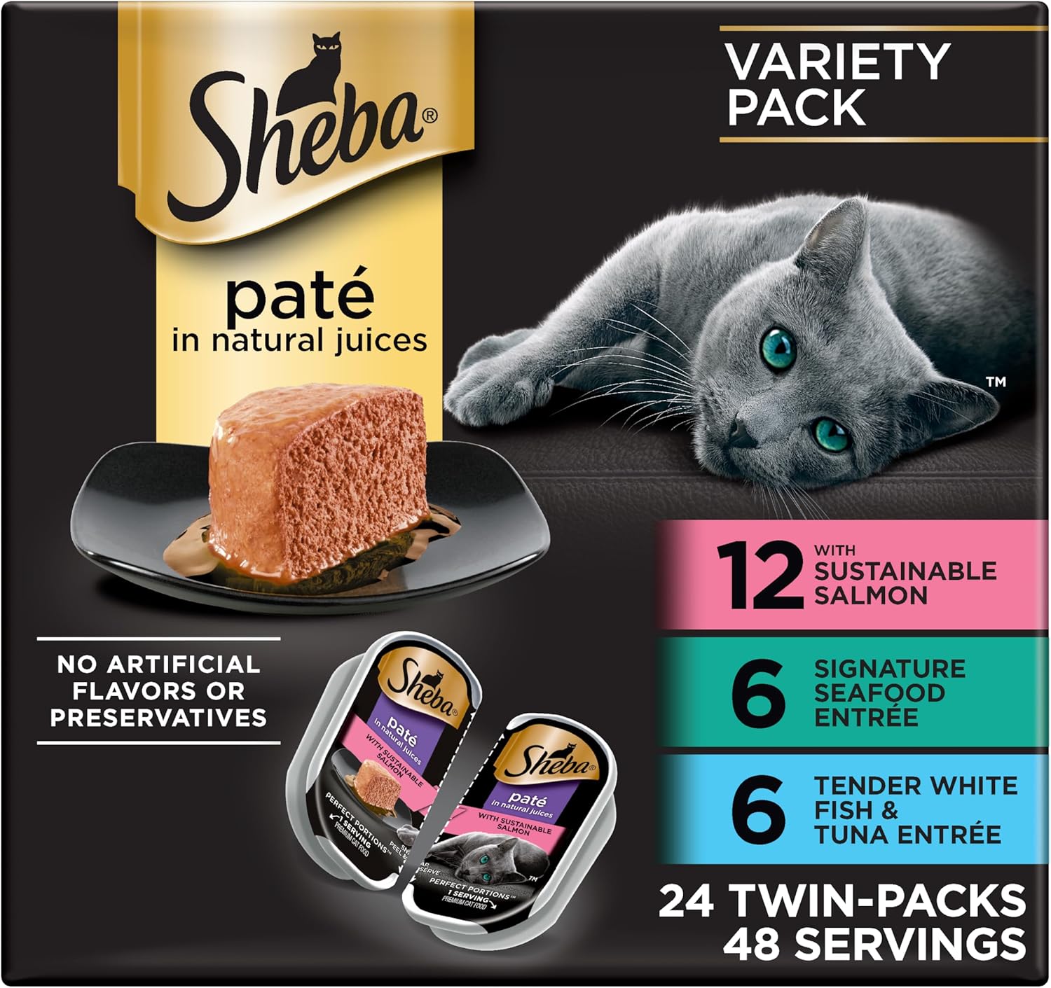 Sheba Perfect Portions Wet Cat Food Pate with Sustainable Salmon and Tender Whitefish & Tuna Entree Variety Pack, 2.6 oz. Twin-Pack Trays (12 Count, 24 Servings) (Pack of 2)