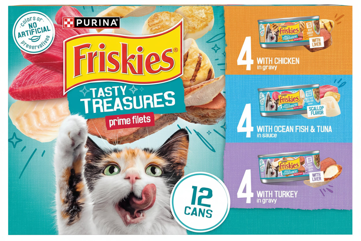 Friskies Tasty Treasures Prime Filets Variety Pack - Ocean Fish, Tuna & Chicken Wet Cat Food (12 Pack)