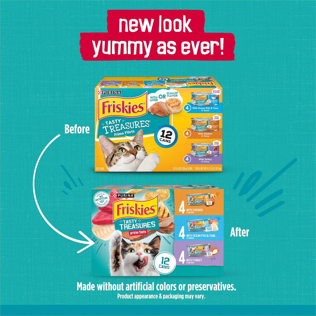 Friskies Tasty Treasures Prime Filets Variety Pack - Ocean Fish, Tuna & Chicken Wet Cat Food (12 Pack)