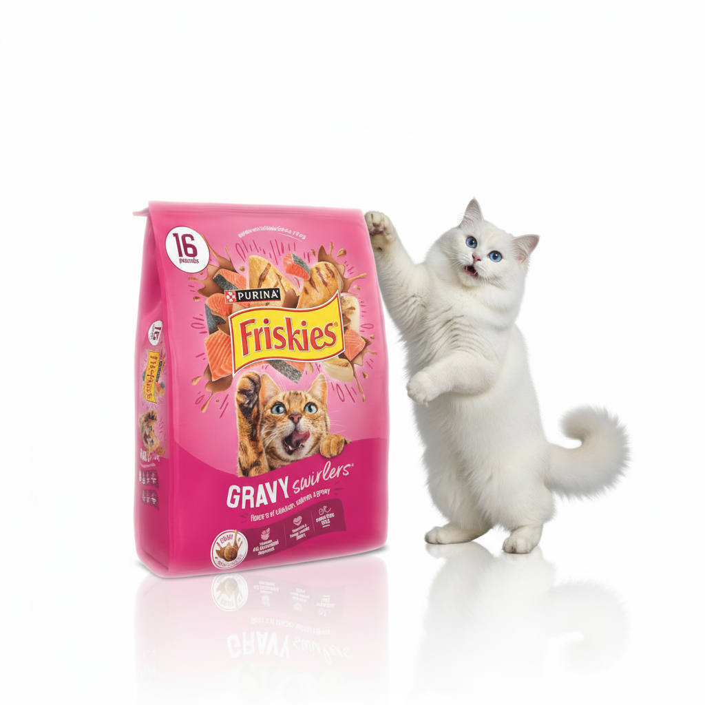 Friskies Gravy Swirlers with Playful White Cat