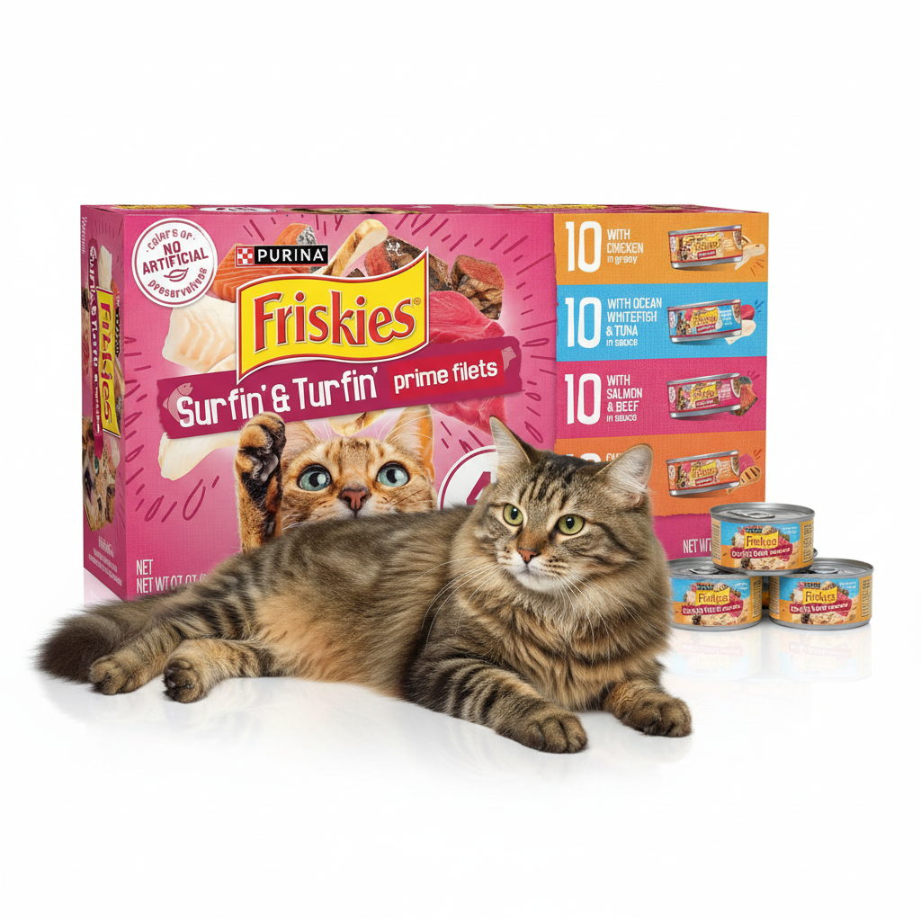 Friskies with Lounging Tabby Cat