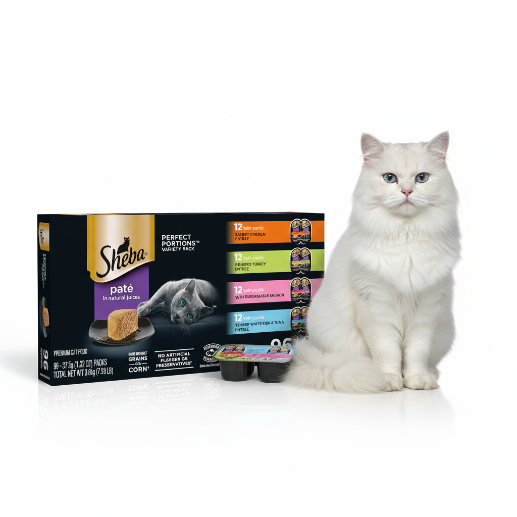 Sheba Perfect Portions salmon and whitefish pate with fluffy Persian cat