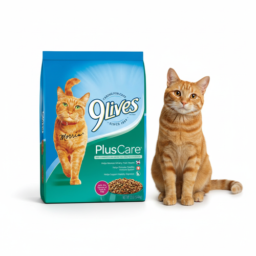 9Lives Plus Care dry cat food with happy orange tabby cat