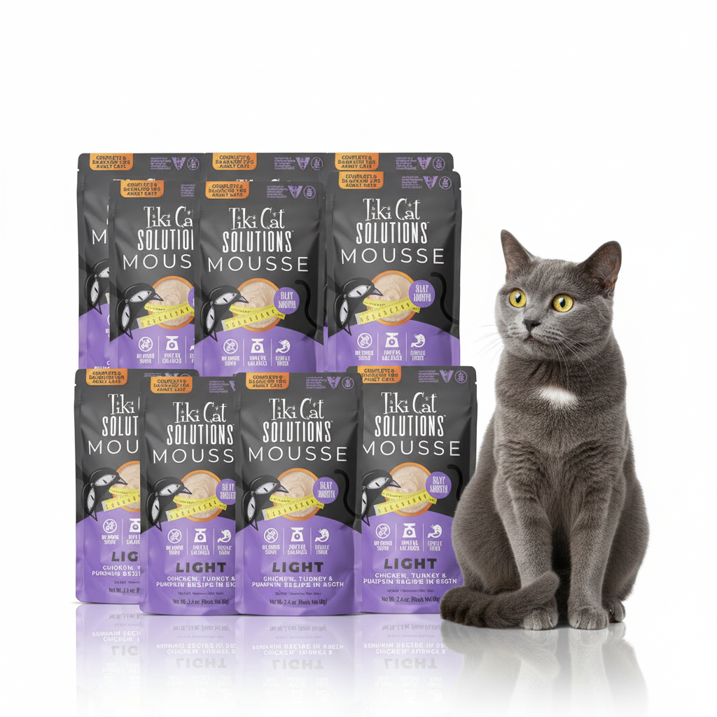 Happy gray cat with Tiki Cat Solutions Light Mousse pouches