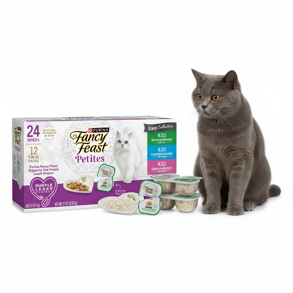 Fancy Feast Petites gourmet wet cat food with elegant gray British Shorthair
