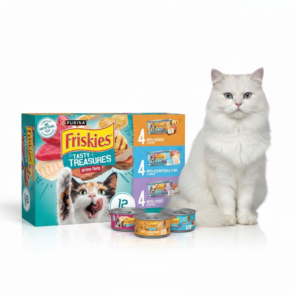 Happy cat with Friskies Tasty Treasures Prime Filets variety pack