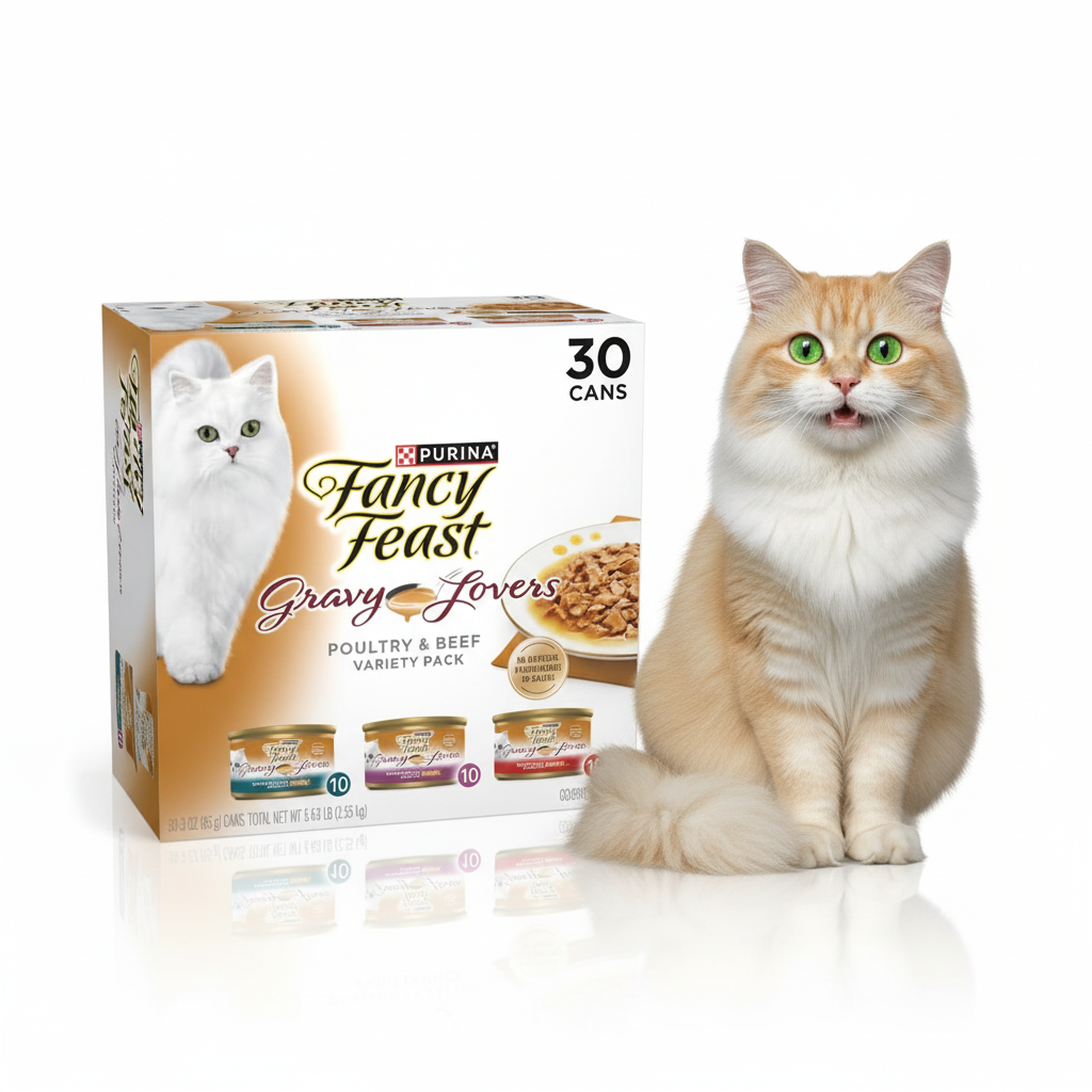 Happy orange tabby cat with Fancy Feast Gravy Lovers variety pack