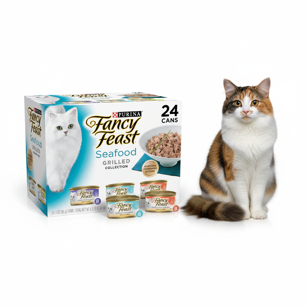Happy calico cat with Fancy Feast Grilled Seafood Collection