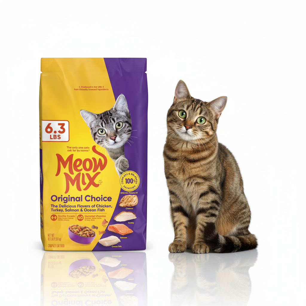 Curious tabby cat with head tilt looking at Meow Mix Original Choice