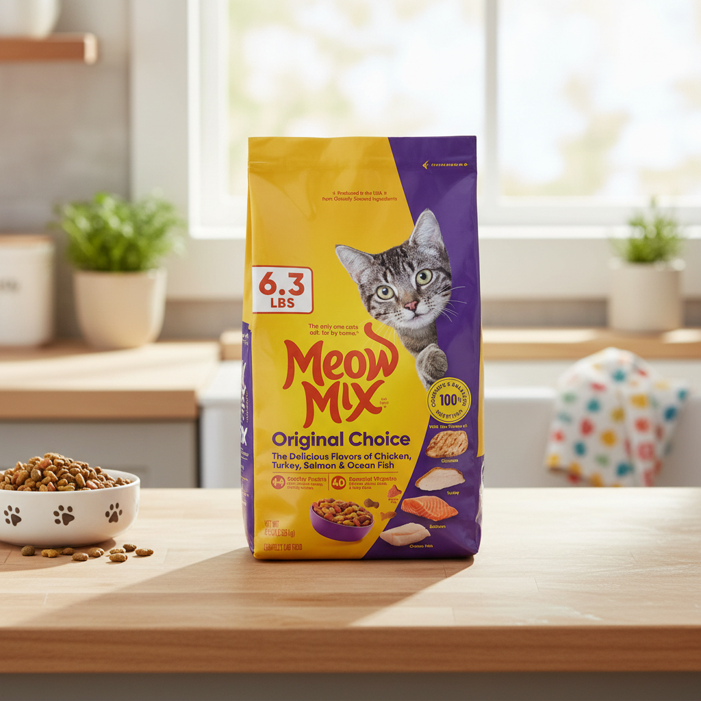 Meow Mix Original Choice Dry Cat Food in kitchen setting